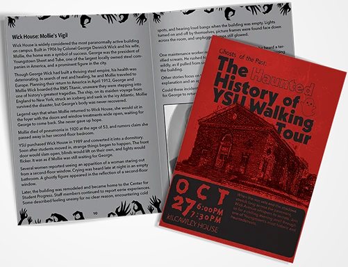 The booklet open to a ghost story spread, beside its cover