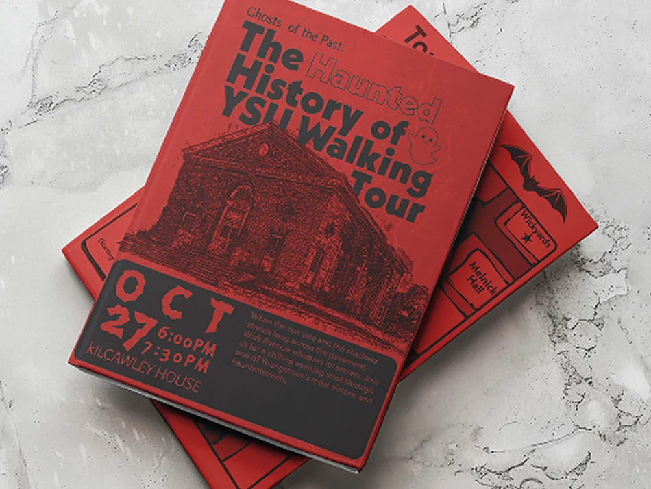The booklet cover: a scarlet field with an engraved Kilcawley House illustration, stacked on marble