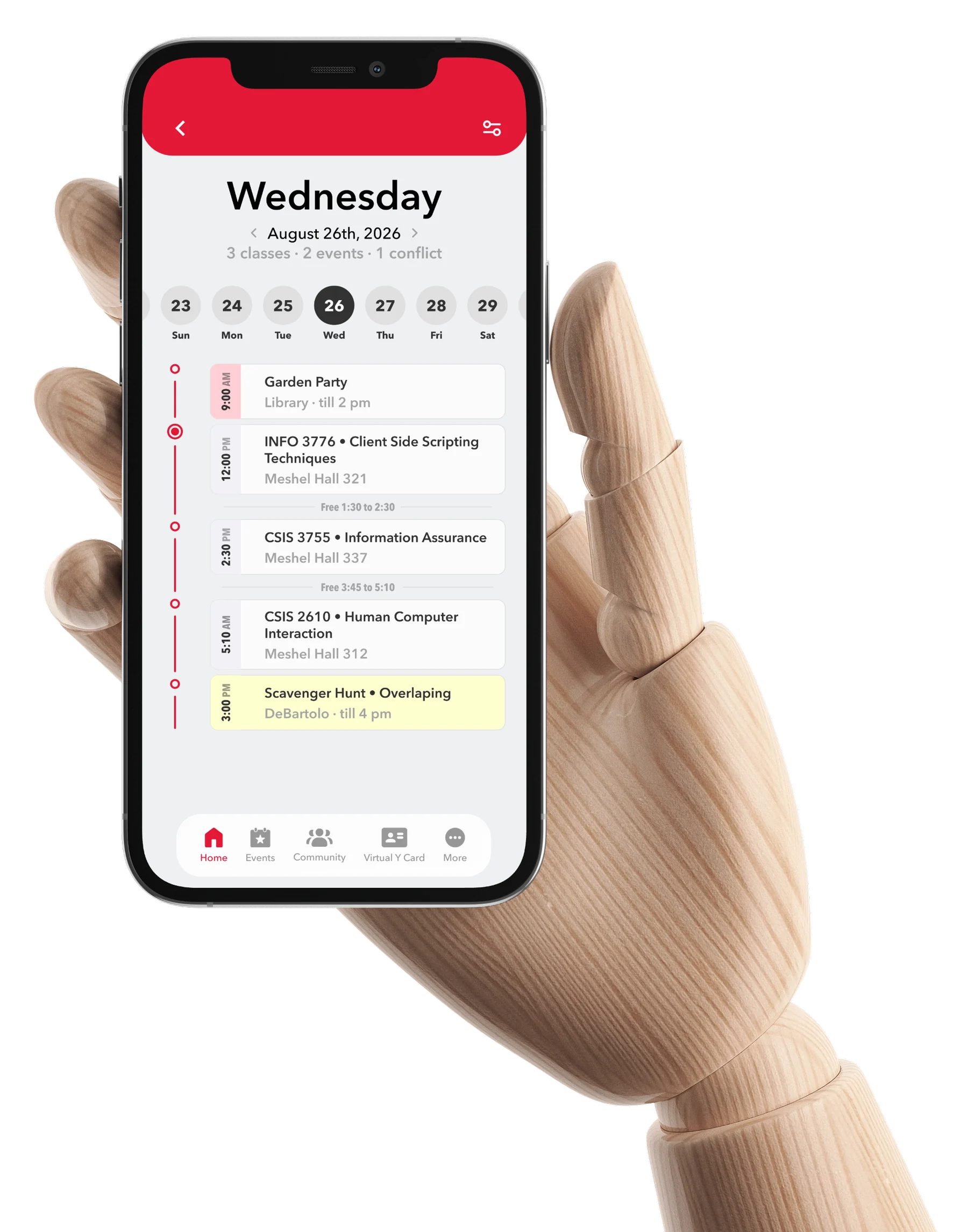 The redesigned Y App day schedule on a phone, held in a wooden artist's hand